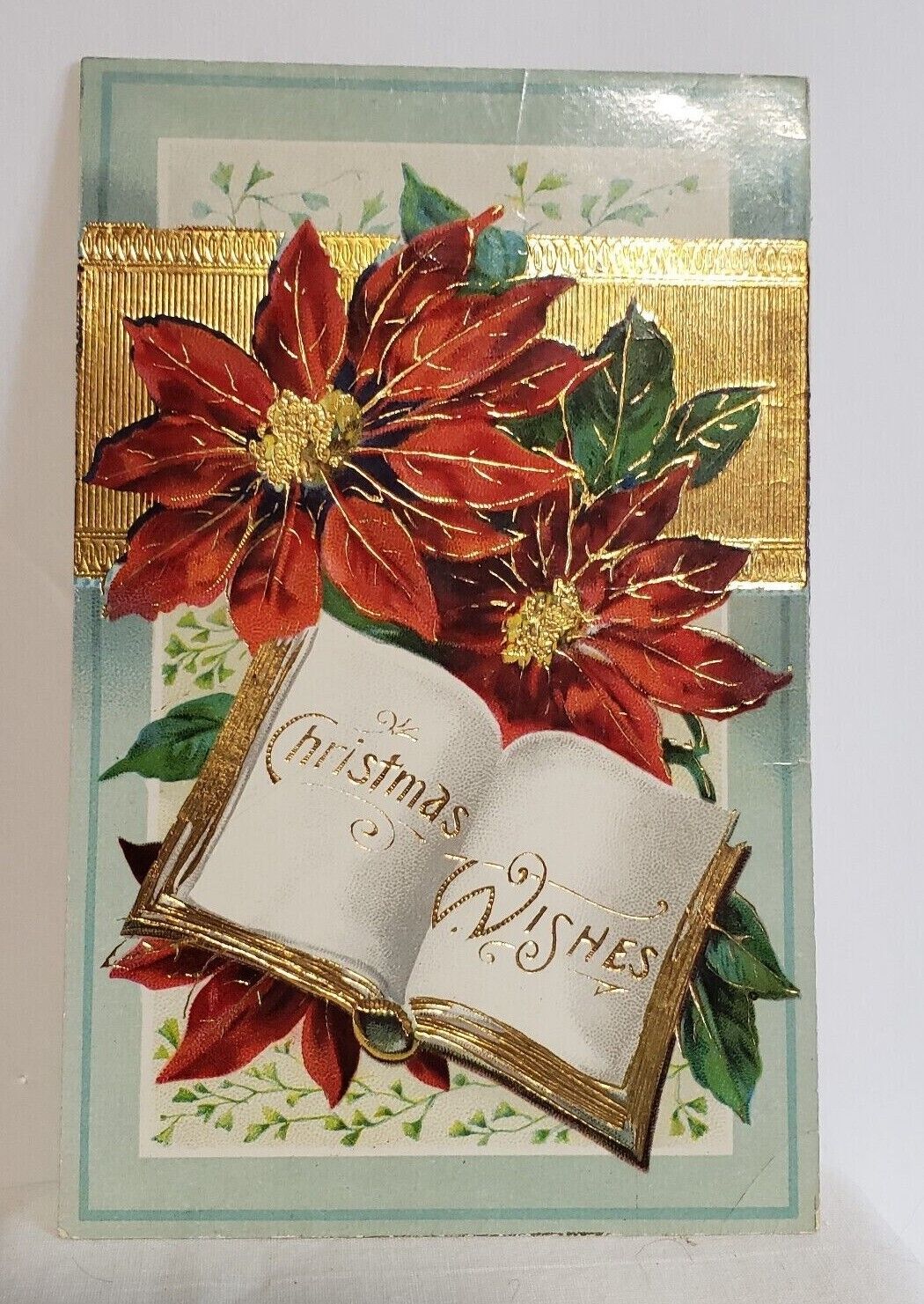 Vintage 1912 Christmas Postcard Germany Poinsettia\'s Gold Christmas Wishes