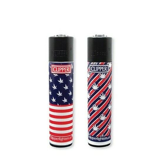 2Ct Full Size CLIPPER Flint Lighters Refillable USA FLAG LEAVES MARIJUANA WEED