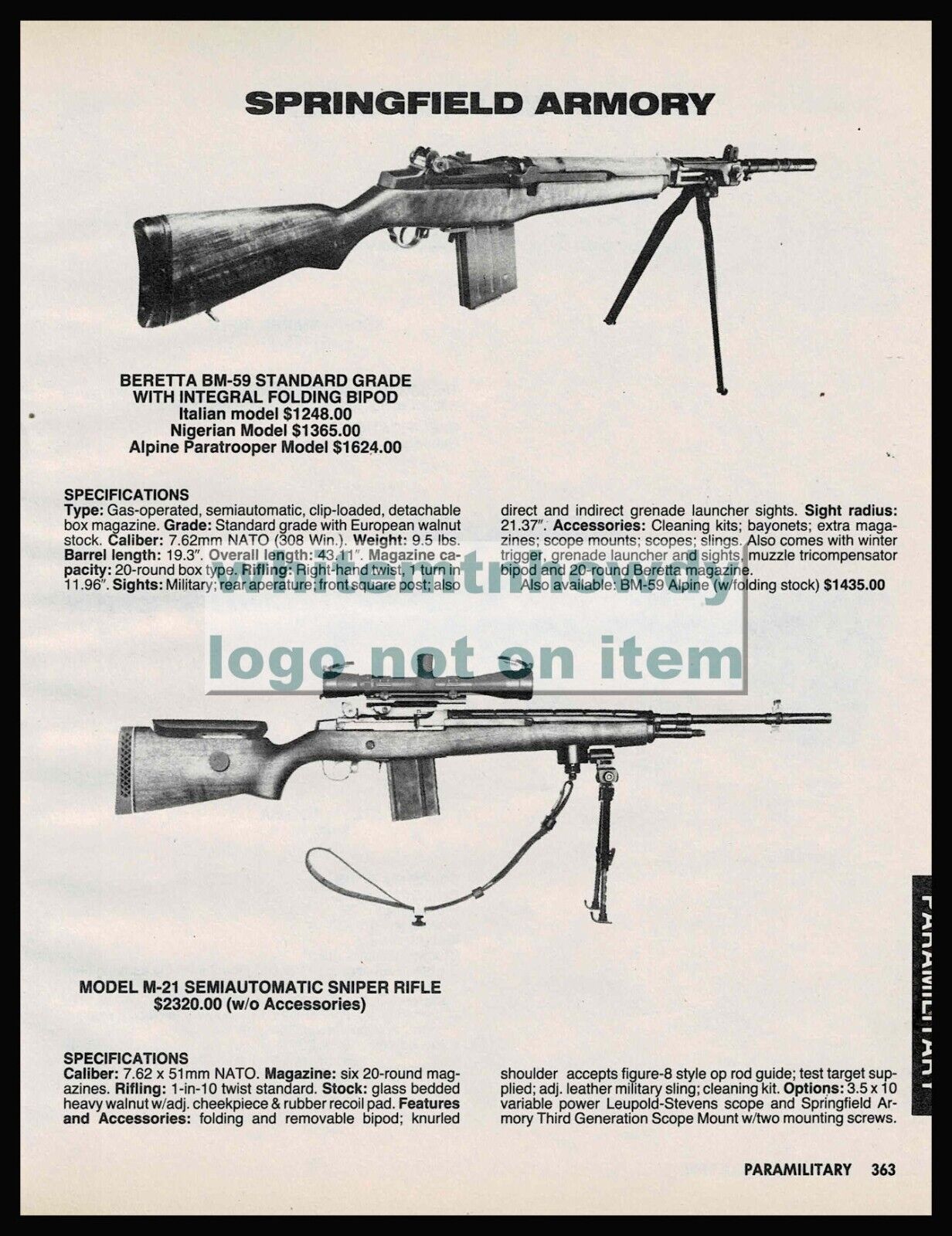 1988 SPRINGFIELD ARMORY BERETTA BM-59 Standard & M-21 Sniper Rifle  PRINT AD
