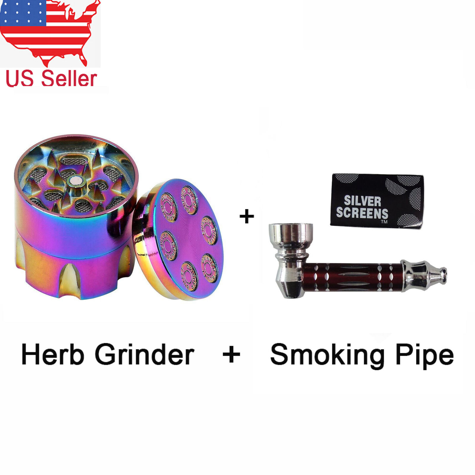 Rainbow Metal Tobacco Herb Crusher Spice Grinder +70mm Red Metal Smoking Pipe