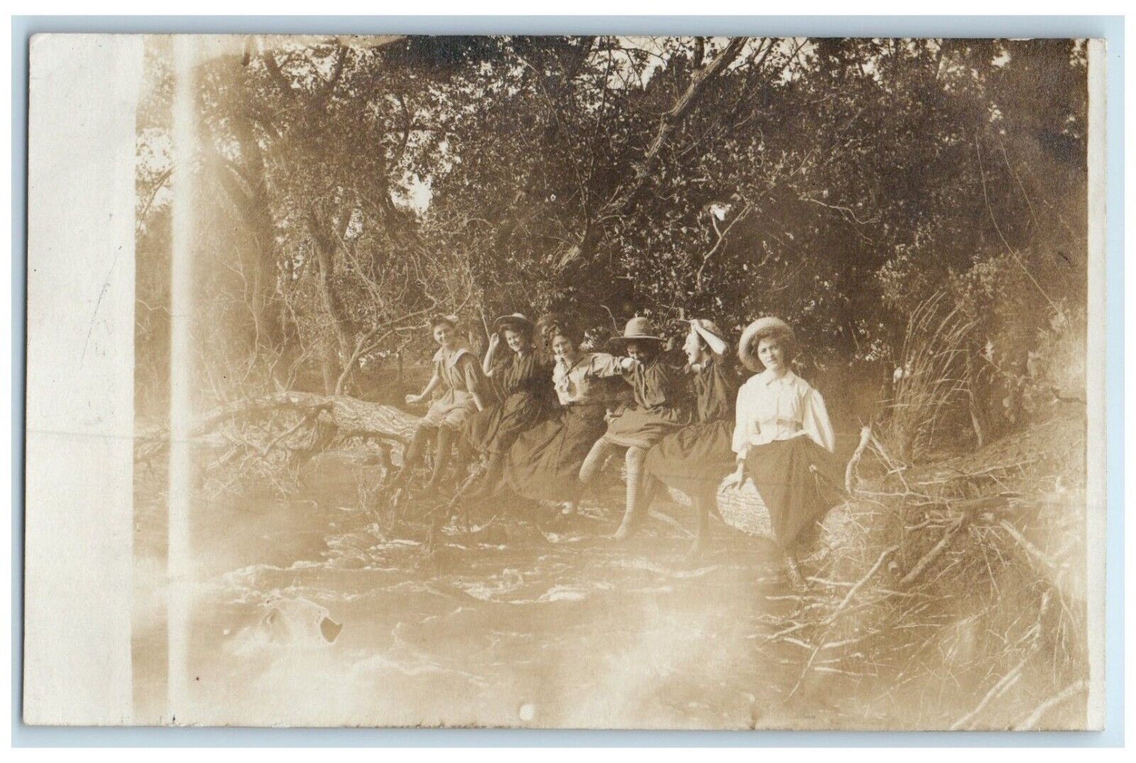 c1910\'s Woman Sat On Tree Log River Echols Minnesota MN RPPC Photo Postcard