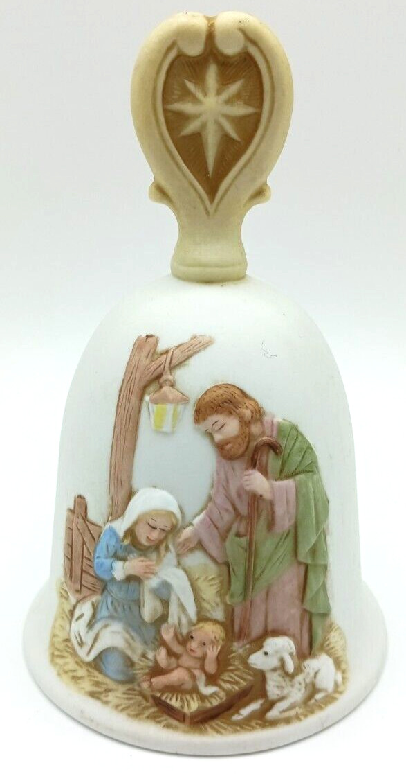 Vintage HOMCO Bisque Porcelain Nativity Scene Christmas Bell #5558