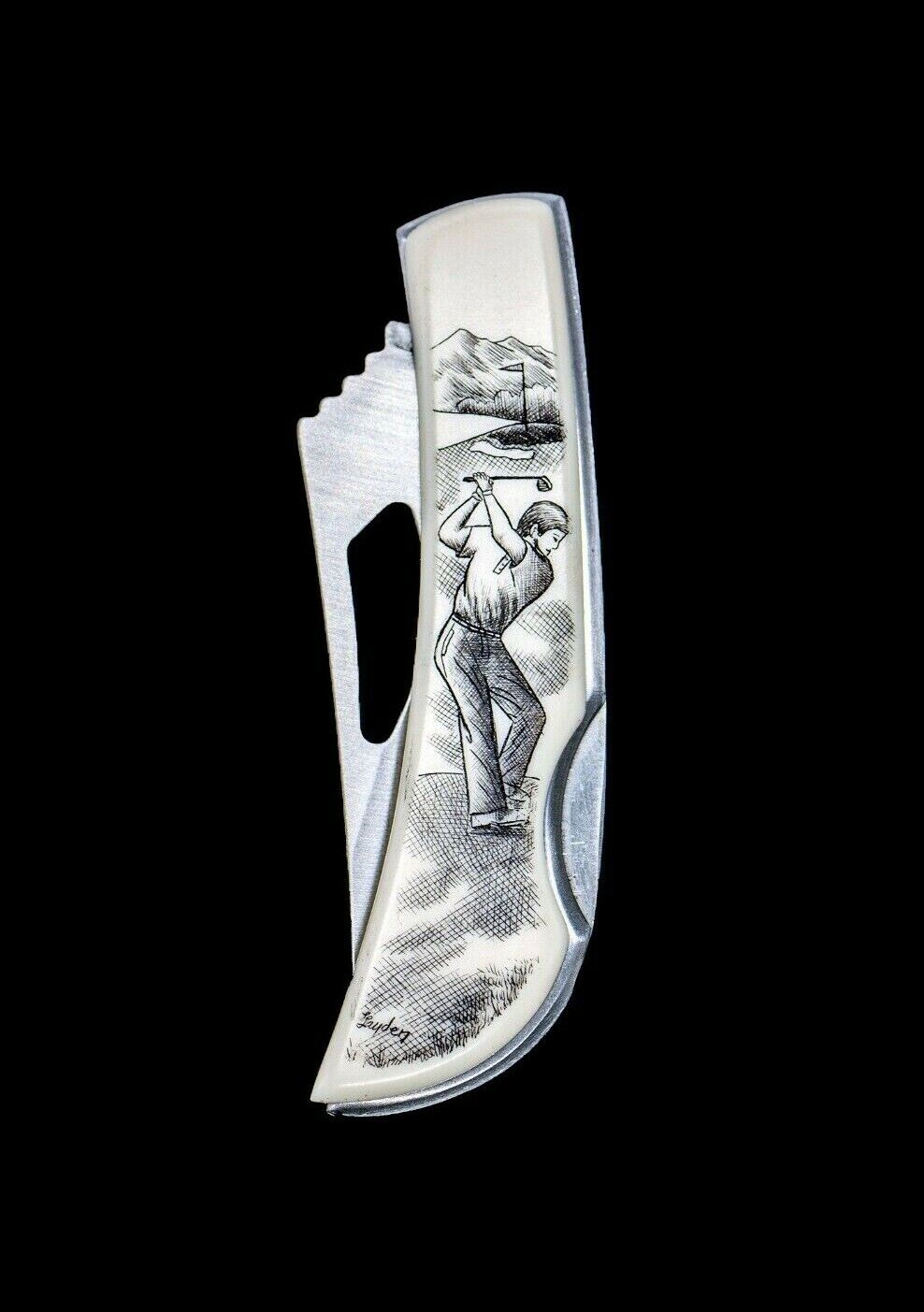 Scrimshaw Golfer Stainless Steel Silver Hawk Knife. Etched, Pocket Knife