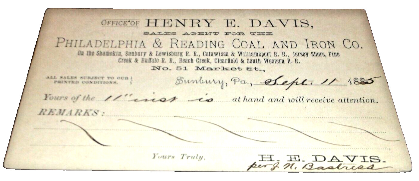 1885 PHILADELPHIA & READING COAL AND IRON COMPANY FREIGHT DELIVERY NOTICE 