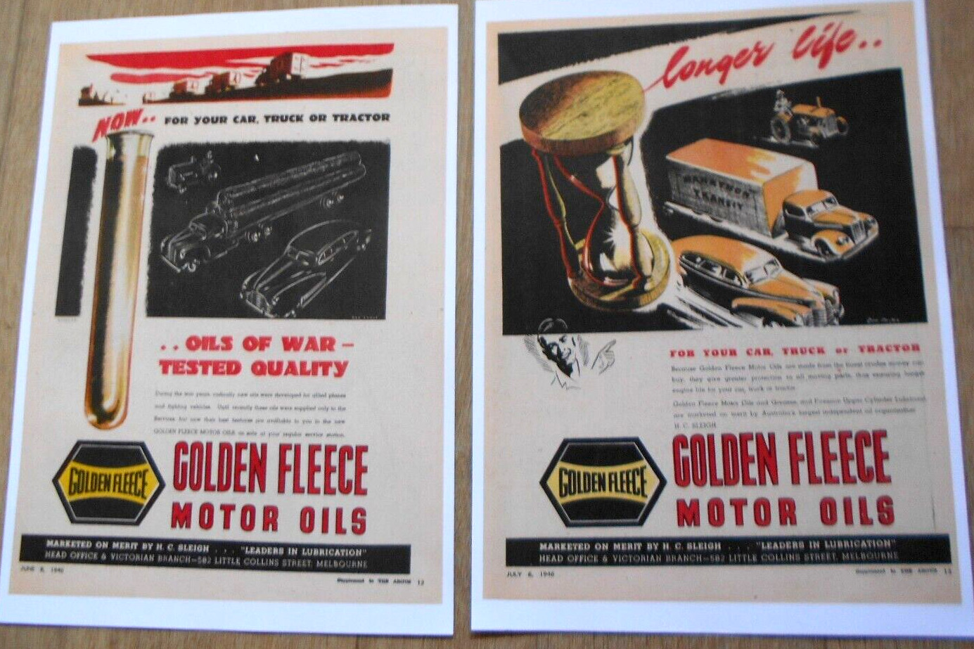 2 X 1946 AUSTRALIAN GOLDEN FLEECE MOTOR OILS FOR YOUR CAR TRUCK OR TRACTOR