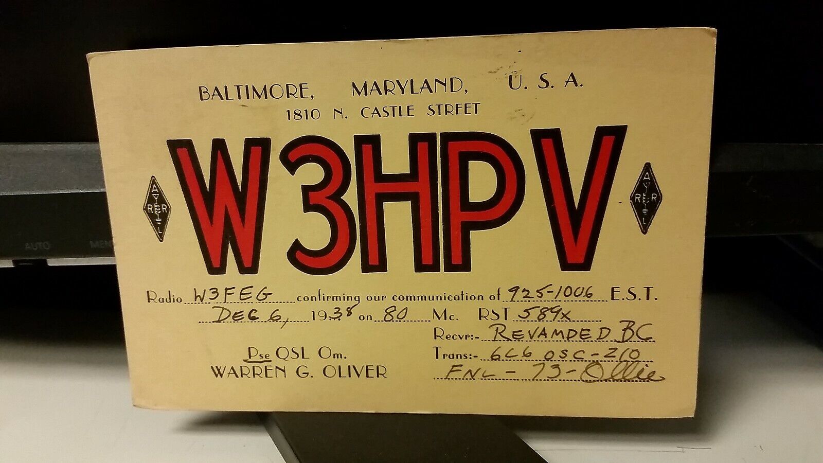 amateur ham radio QSL postcard W3HPV Warren G. Oliver 1938 Baltimore Maryland