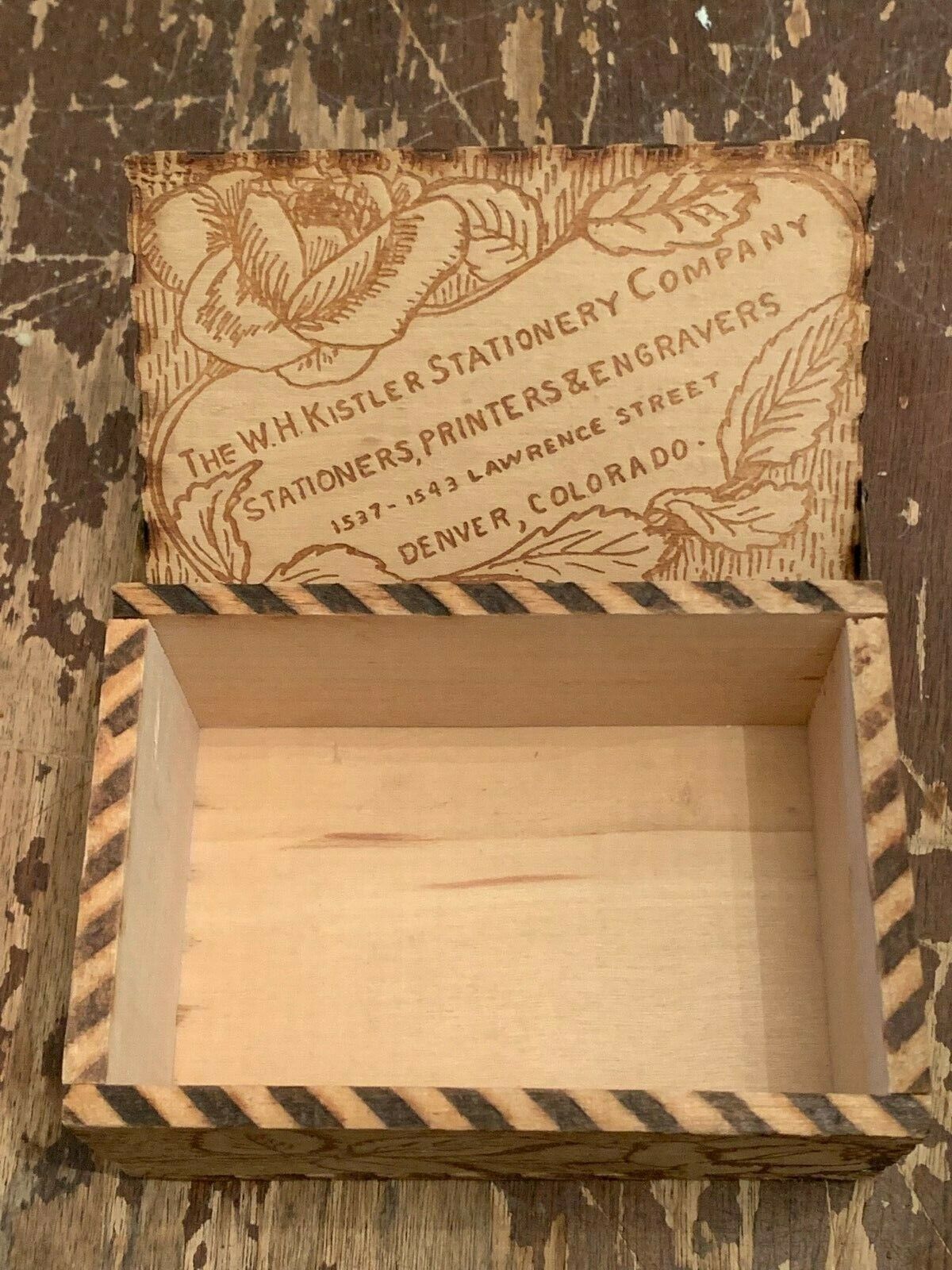 Vintage Pyro Art Wood Advertising Box WH Kistler Stationery Company Denver CO
