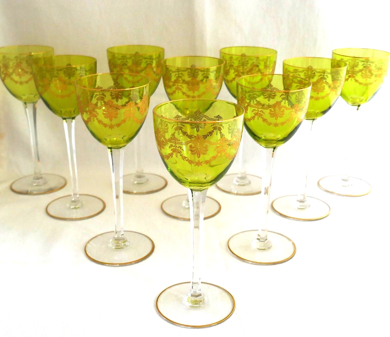 Antique Set 10 BACCARAT FRANCE Beauharnais Chartreuse green Gold wine Goblets