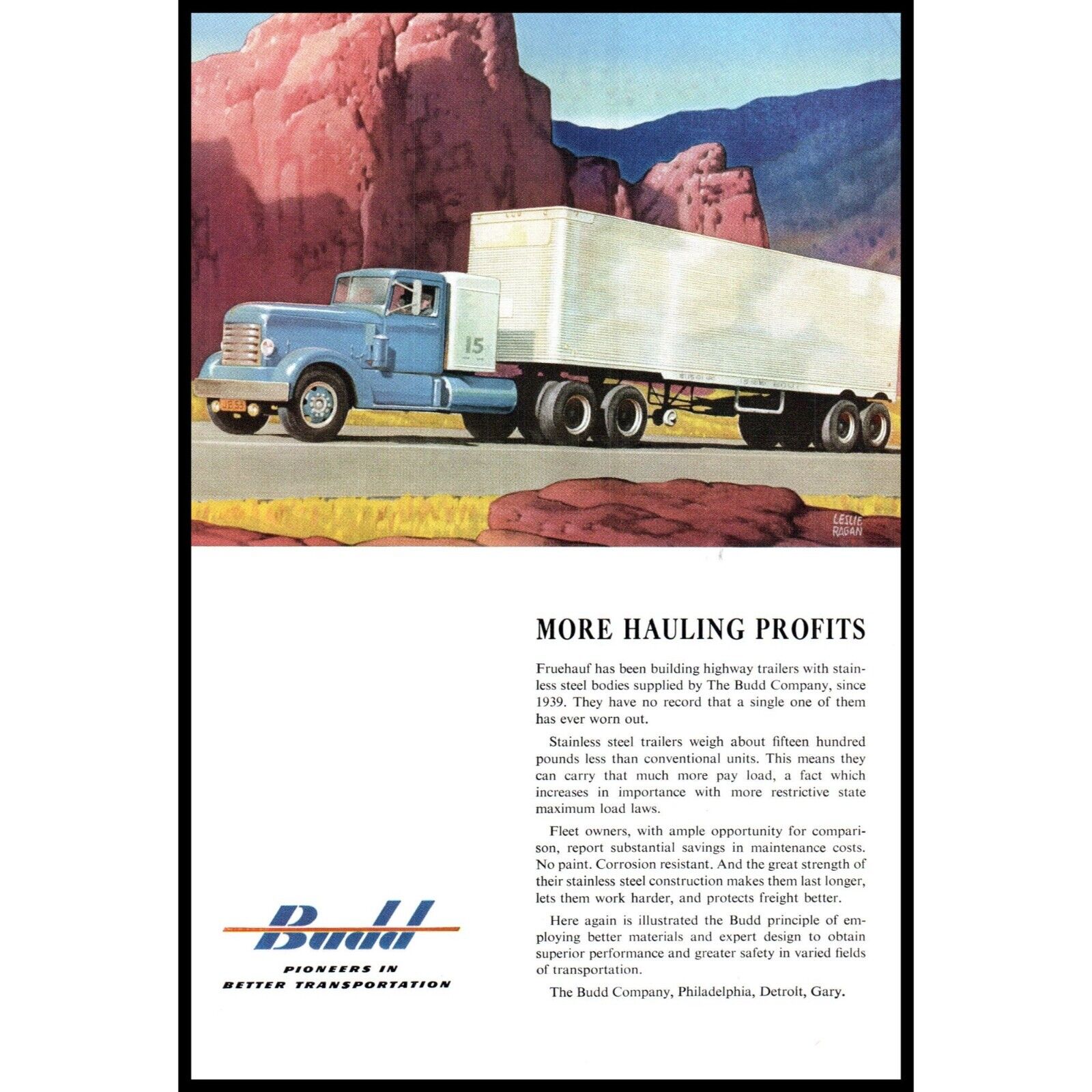 1953 Budd Transportation 18 Wheeler Big Rig Vintage Print Ad Desert Highway Art