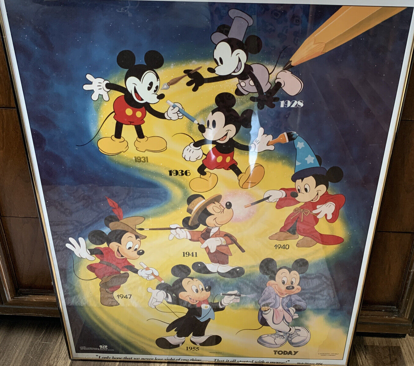 Vintage Very RARE DISNEY MICKEY Mouse 1928 - TODAY Framed Poster ART 28x22”