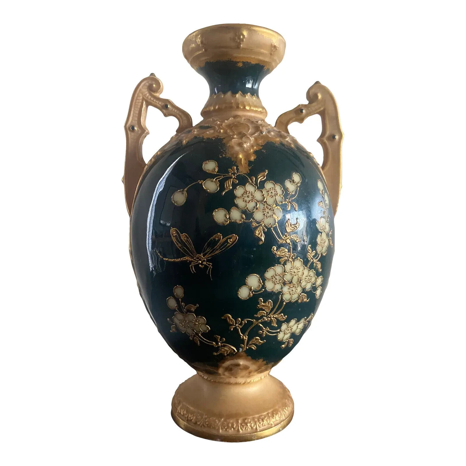 Antique Ew Turn Wein Green and Gold Floral Amphora Vase