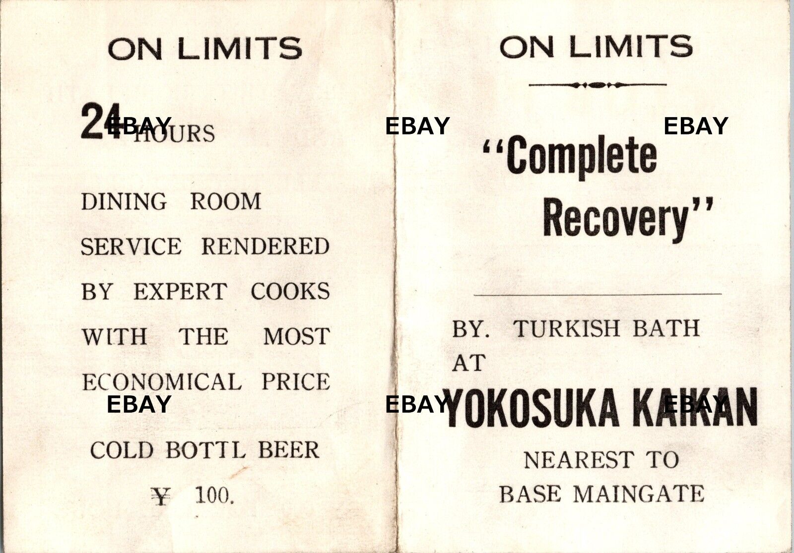 1950s Complete Recovery Turkish Bath Business Card Yokosuka Japan US Navy