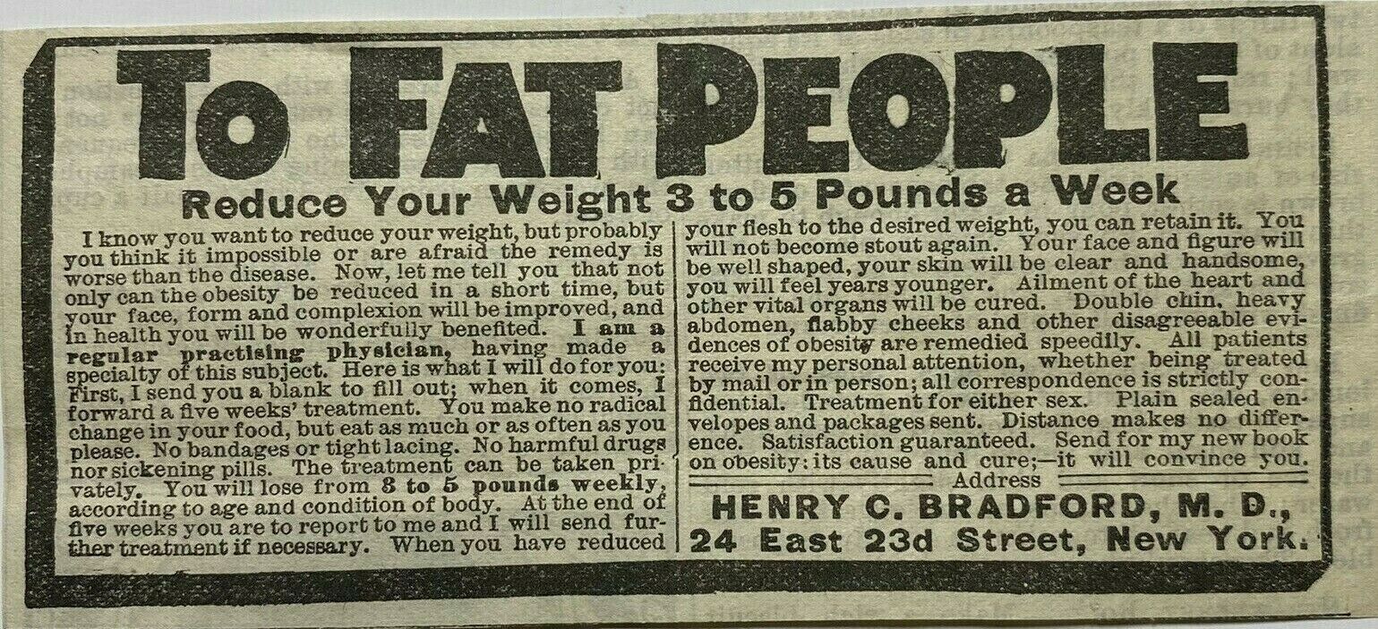 1900's Ad To Fat People Obesity Its Cause & Cure Henry C Bradford MD 23rd St NY