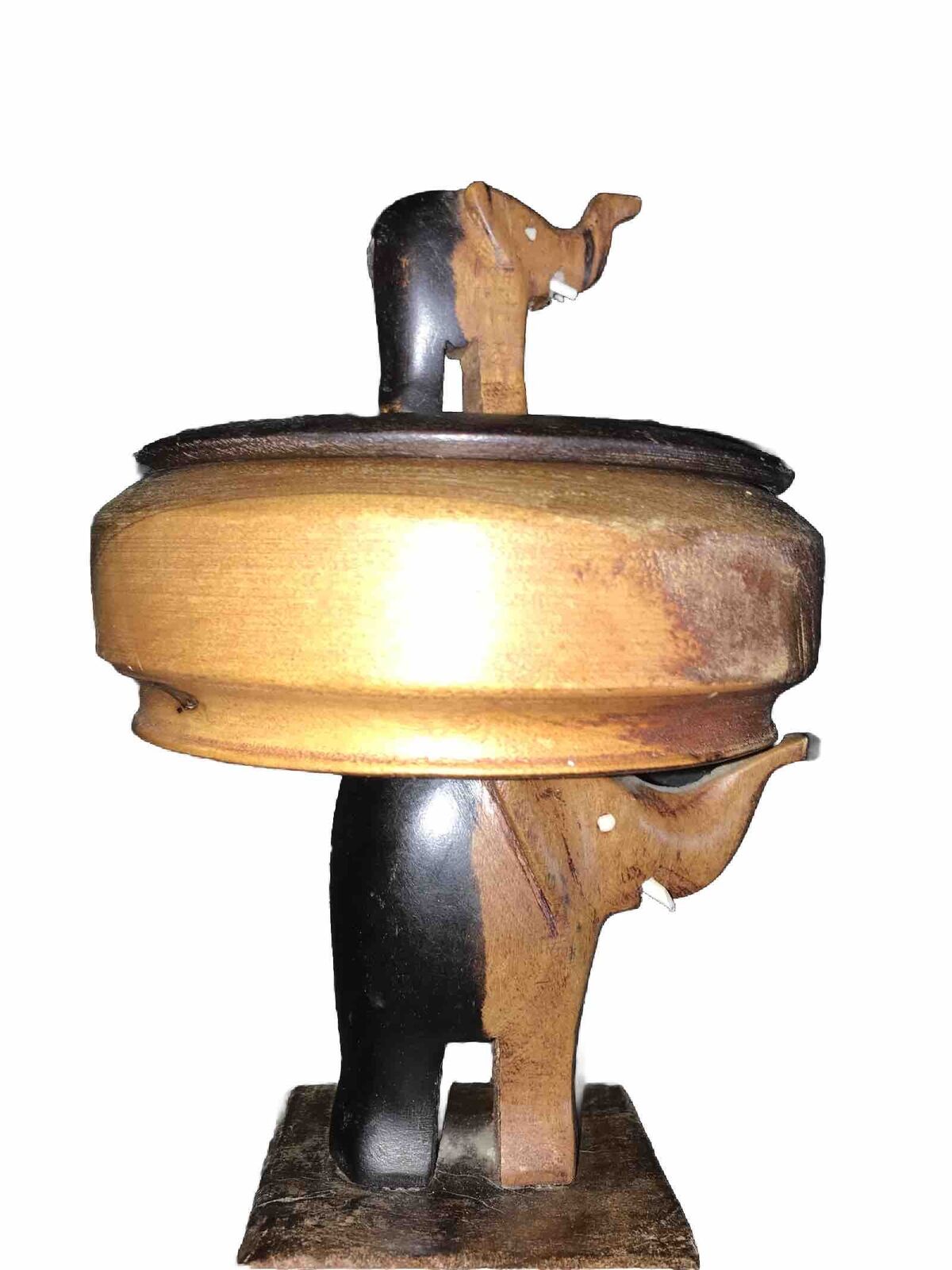 African Folk Art Carved Wood Elephant Footed Lidded Trinket Box Dish Top Spins