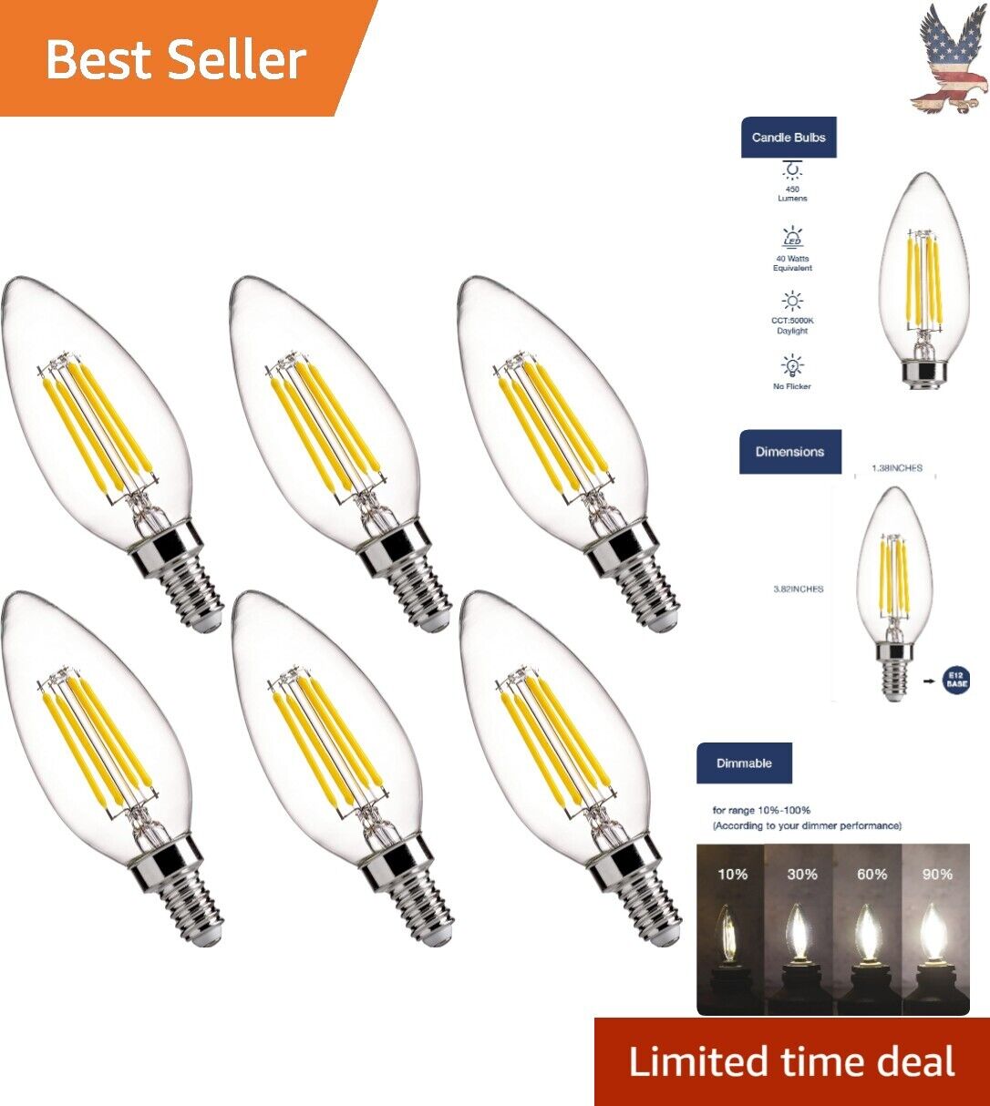 LED Candelabra Bulbs Dimmable 40W Equivalent Clear Glass Daylight White 6 Pack