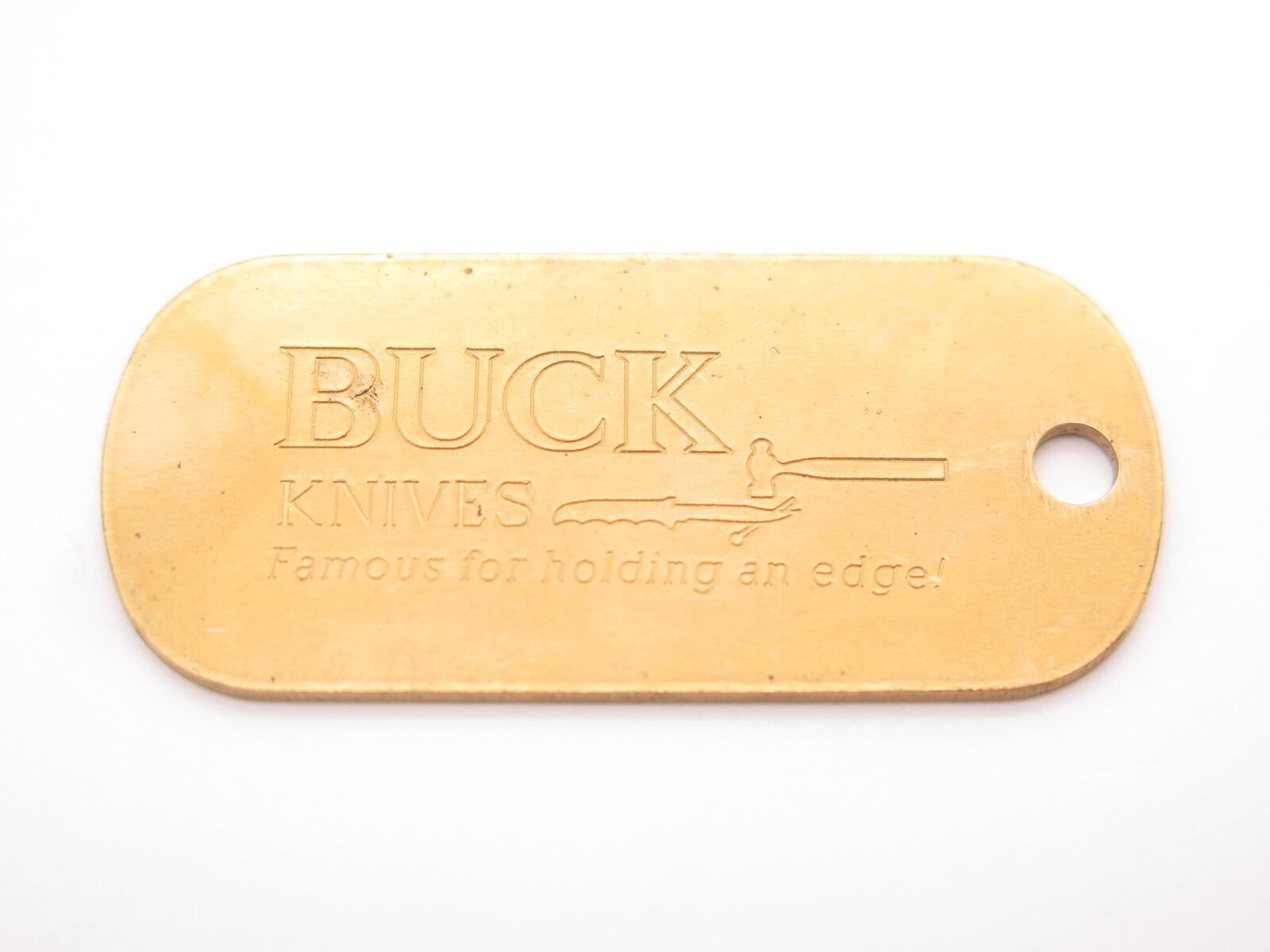 Vintage 1980s Buck Knife Brass Japan Import Tag Key Chain Fob Dog Tag