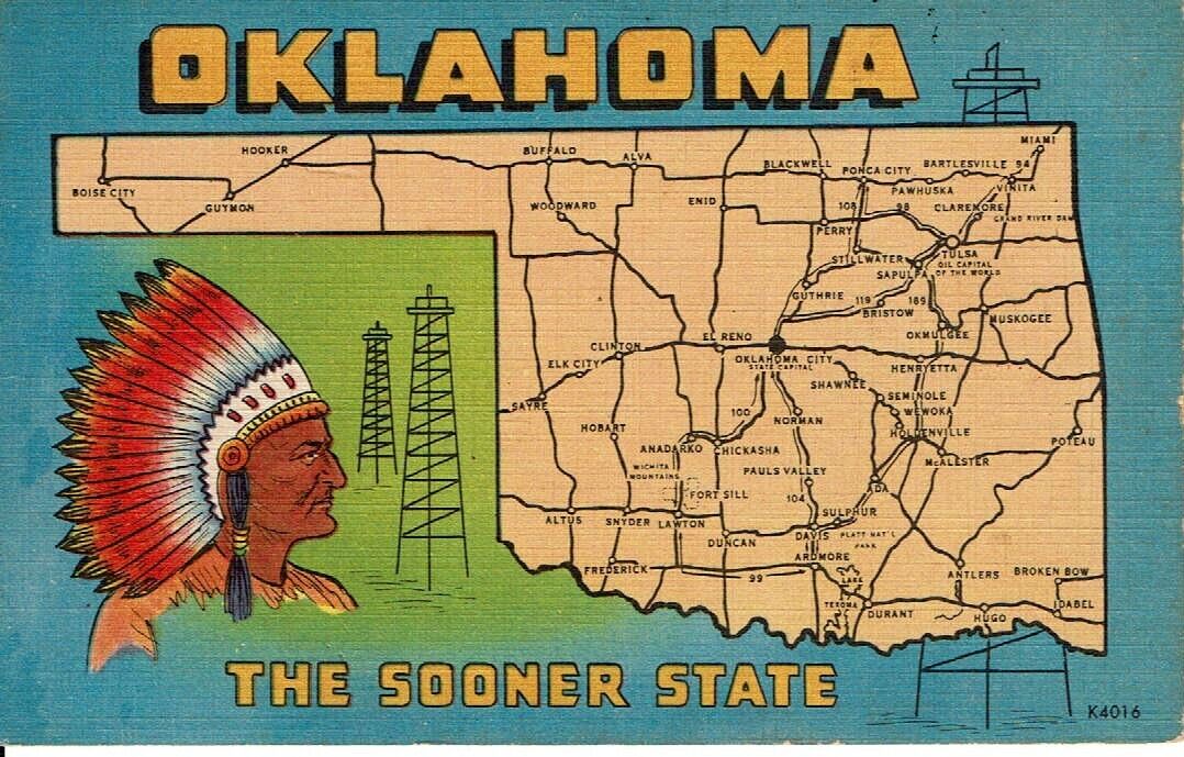 Postcard Oklahoma OK Sooner State Map Indian   