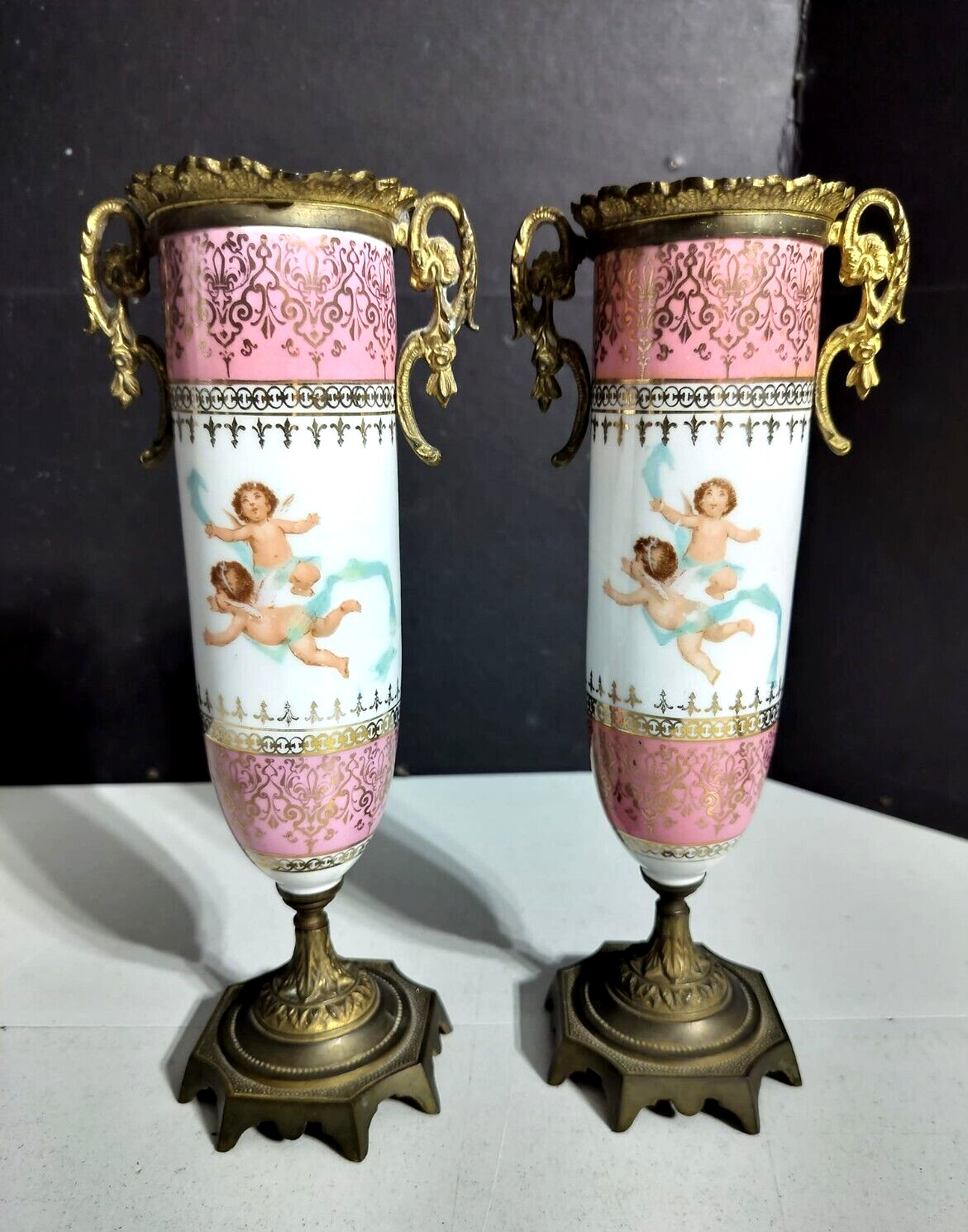 Antique Sevres Style Porcelain & Bronze Vases Couple, 9.5\