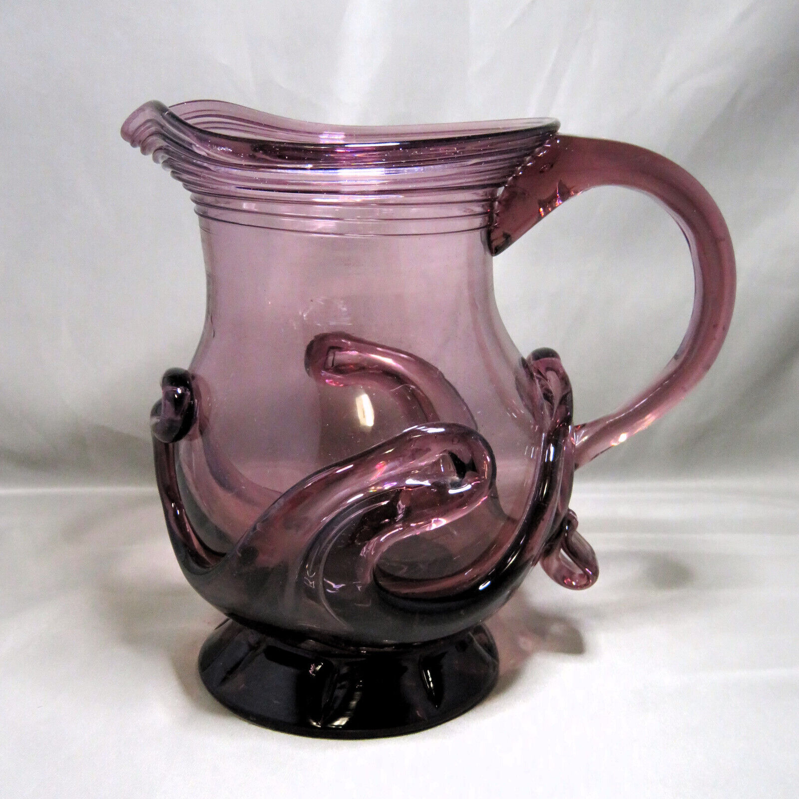 FABULOUS Vintage 1973 MCM AMETHYST Hand Blown Art Glass Lily Pad Pitcher SIGNED