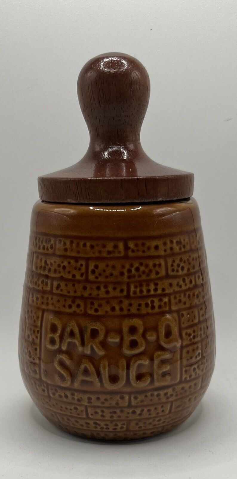 Vintage 1970s Glazed Ceramic Wooden BBQ Sauce Jar With Brush