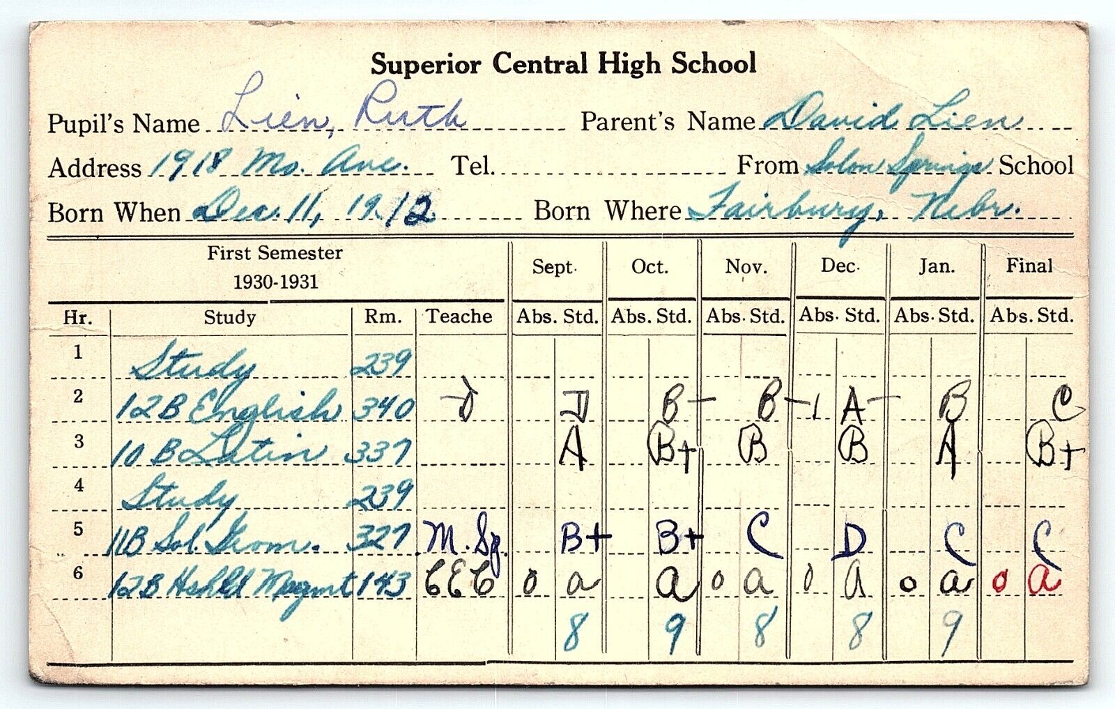 c1925 SUPERIOR NEBRASKA CENTRAL HIGH SCHOOL REPORT CARD FOR RUTH LIEN  Z5472