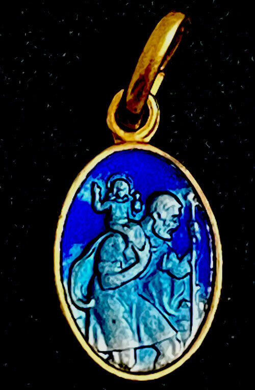 Vintage Catholic St Christopher Blue Enamel Gold Tone Petite Medal, France