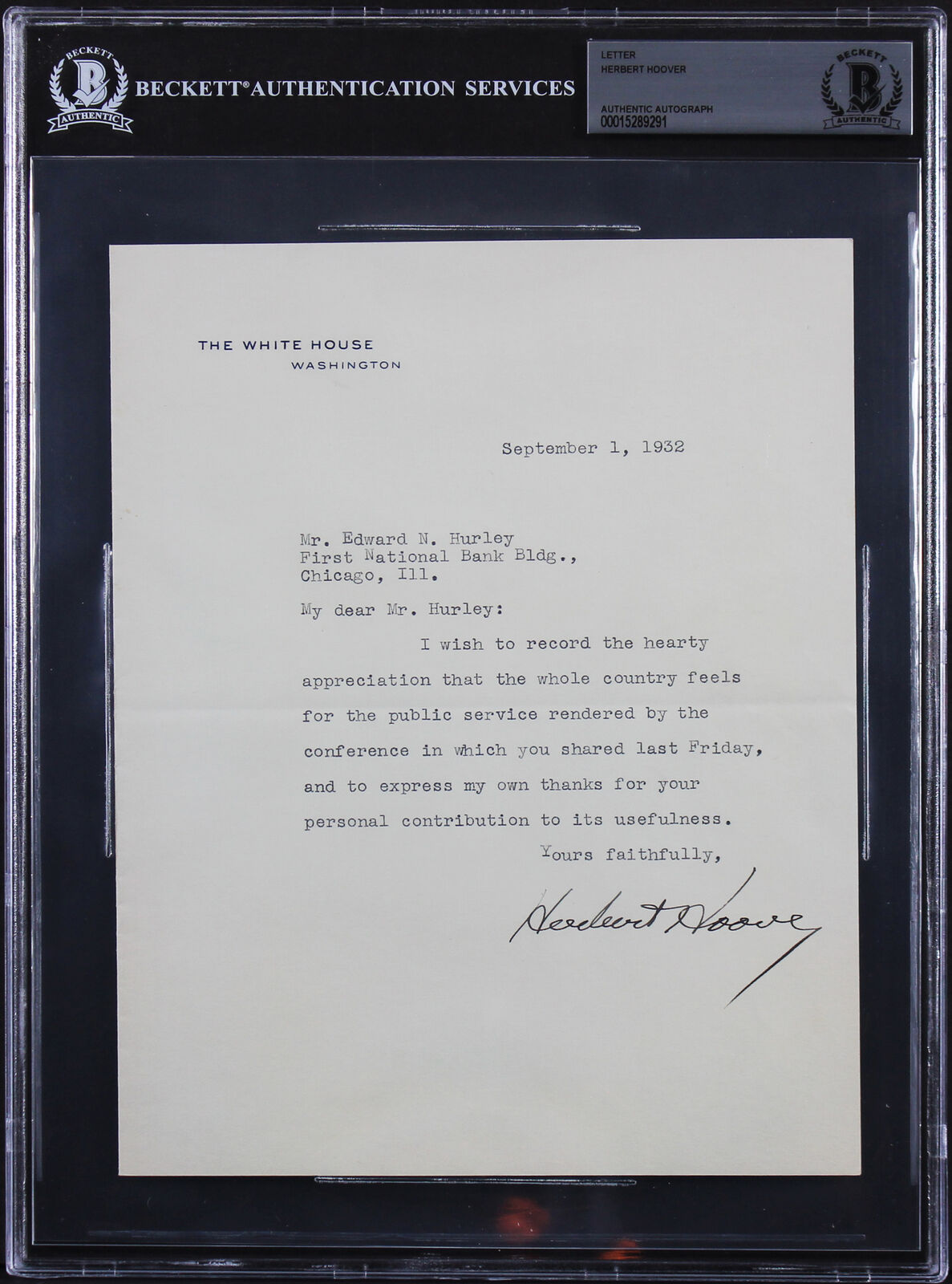 Herbert Hoover Signed 7x8.75 1932 Letter On White House Letterhead BAS Slabbed