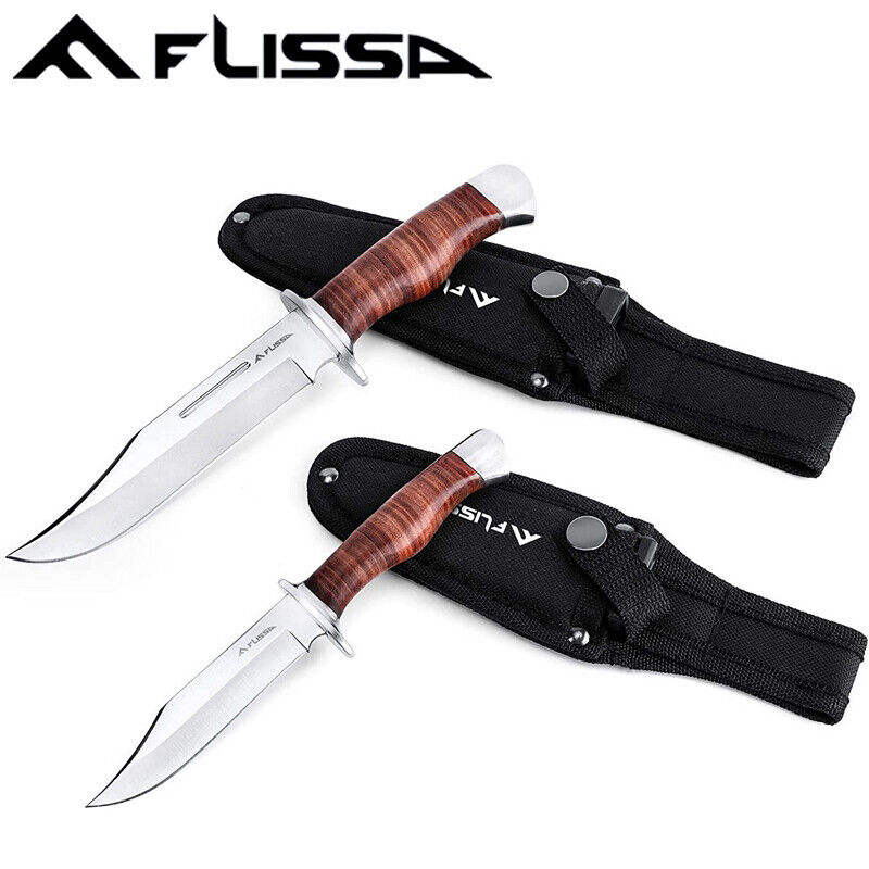 Flissa 2PC Fixed Blade Bowie Knife Full Tang Hunting Knife Leather Handle Sheath