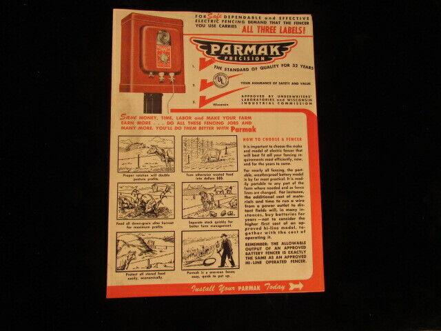 Vintage paper advertising Brochure 1950's Parmak electric Fencers 