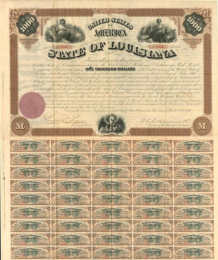 Gov. Henry Clay Warmoth signed State of Louisiana $1,000 Bond - Autographed Stoc