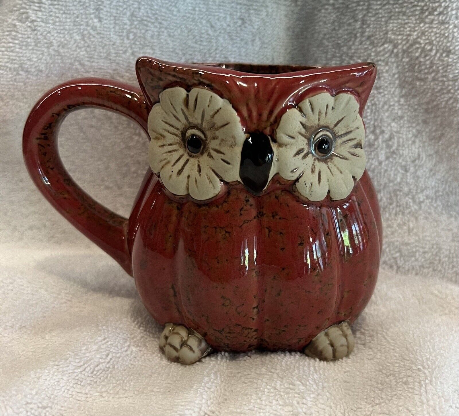 Owl Ceramic Coffee Mug Cracker Barrel Burnt Orange Pumpkin Shape Vintage 3D