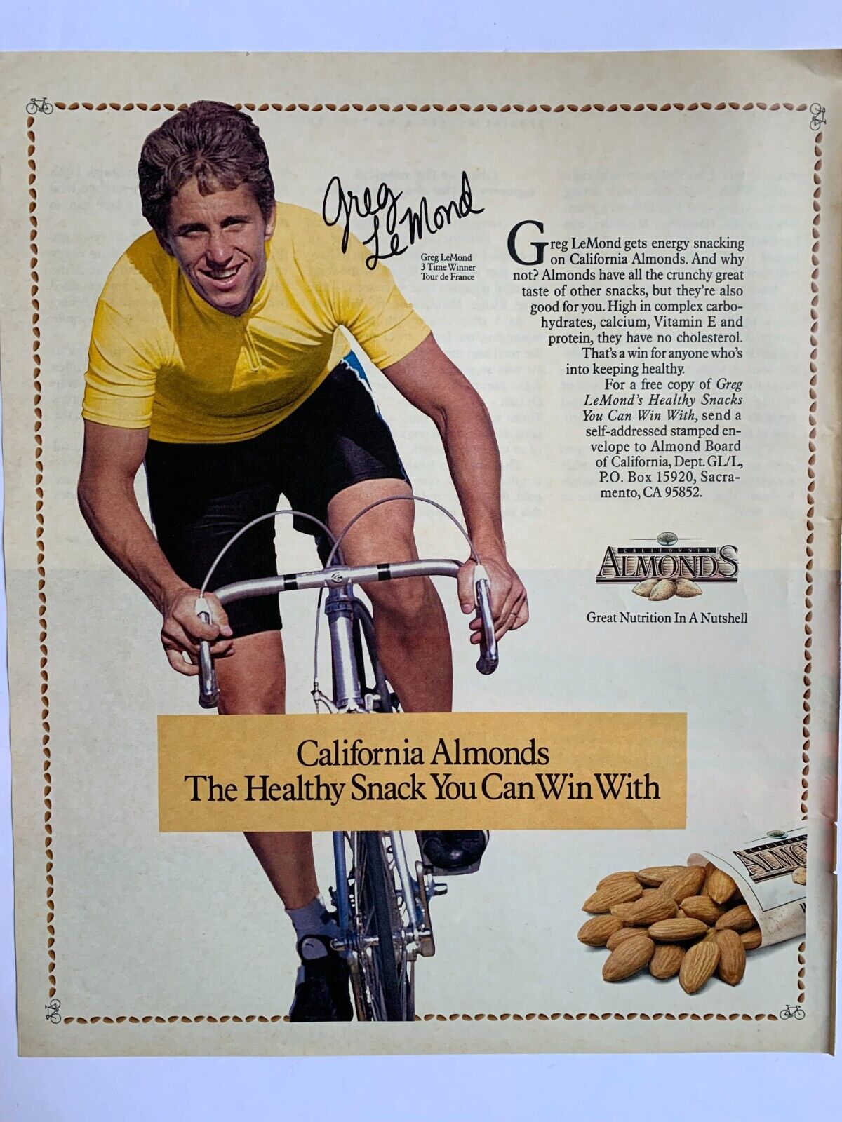 Print Ad California Almonds Greg LeMond Tour de France Winner on Bike