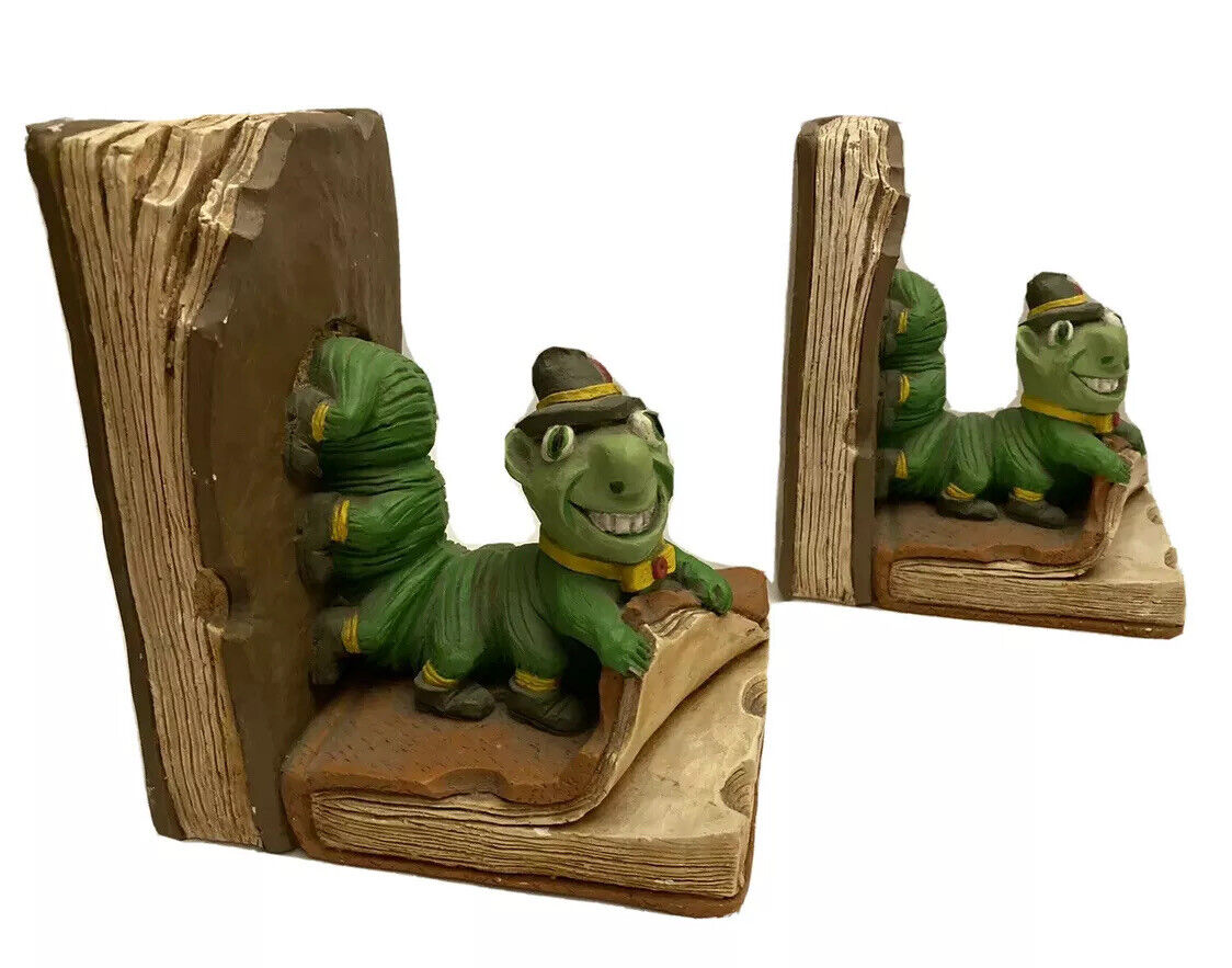 Bookworm Bookends Green Trippy Caterpillar Eating Pages EUC Rare