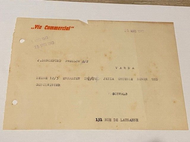 Jewish Holocaust telegram / document Nathan Schwalb, Geneva to Varna, WW2, 1943