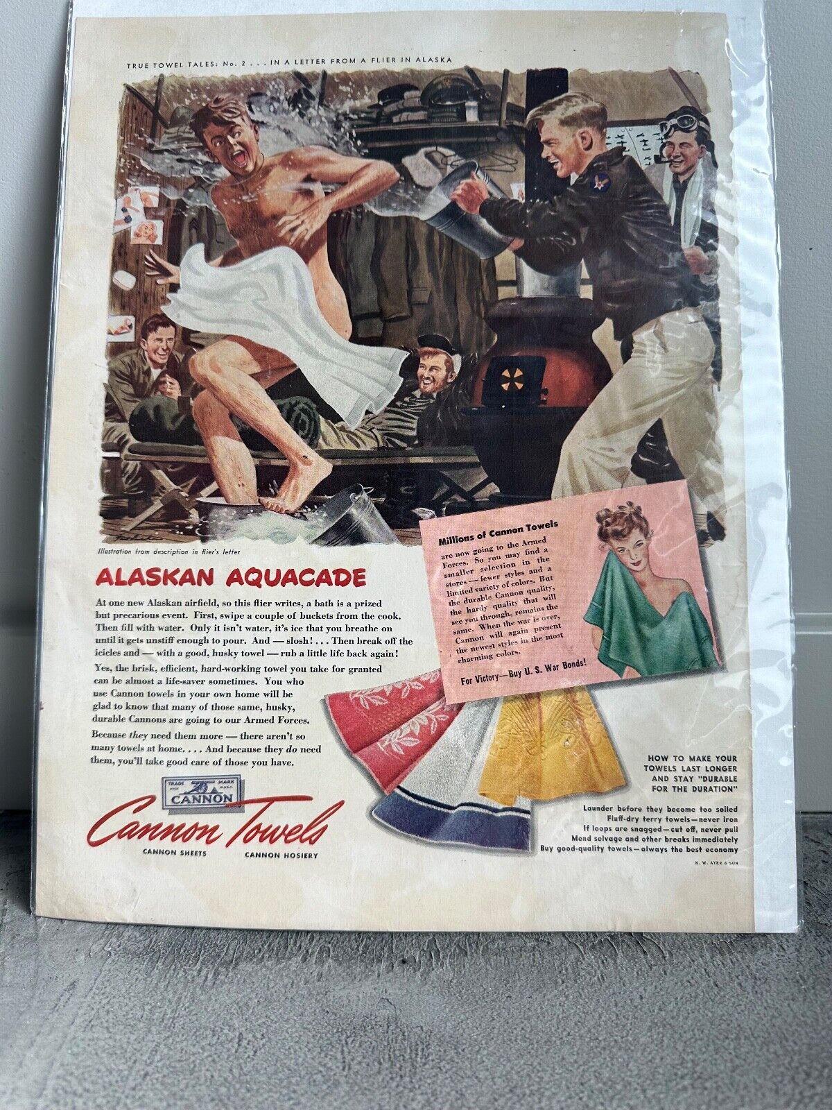 1943 Life Magazine CANNON TOWEL ARMY AD NUDE SOLDIERS No Reserve
