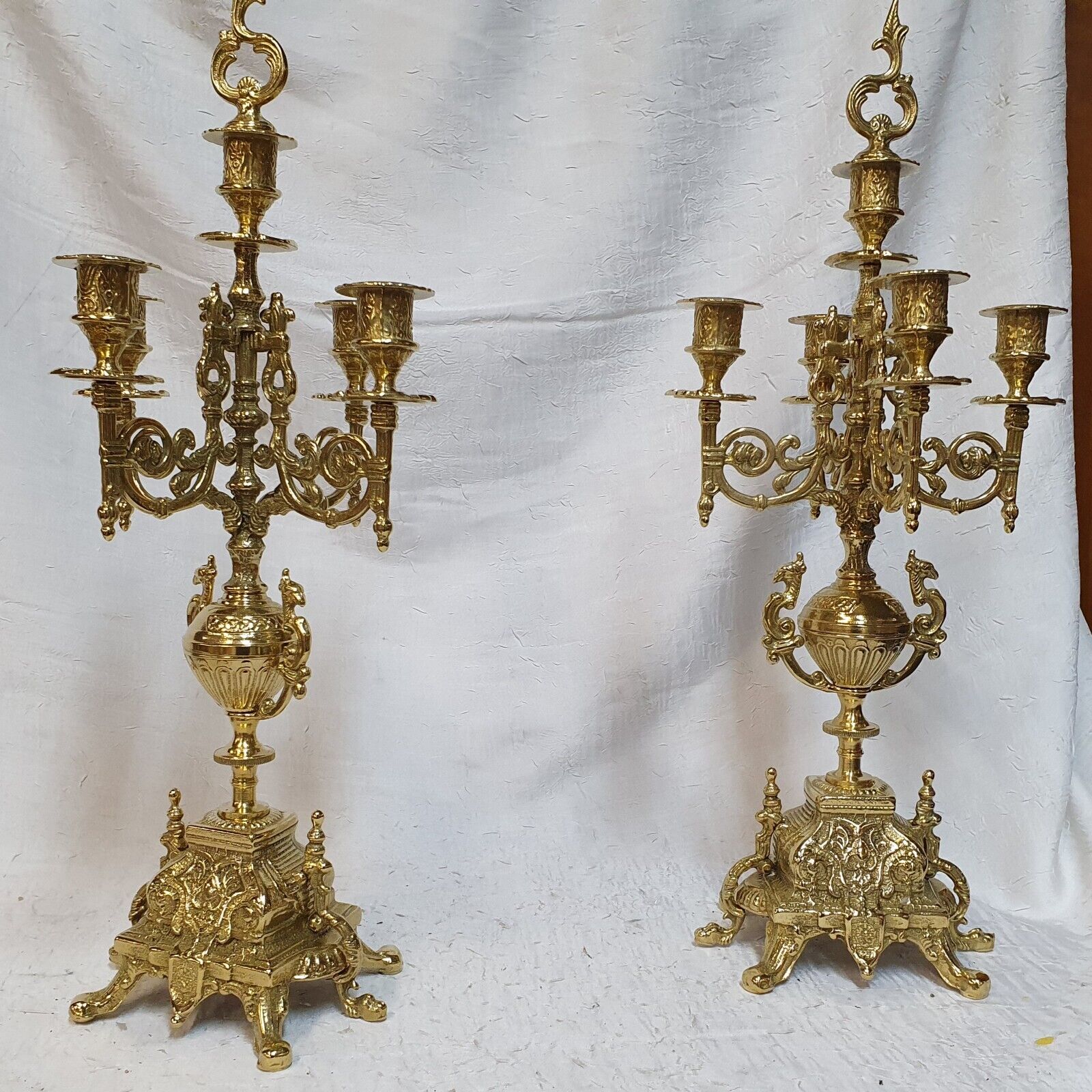 RARE LOT OF TWO LARGE CATHEDRAL CANDLESTICKS BAROQUE STYLE SOLID BRONZE 