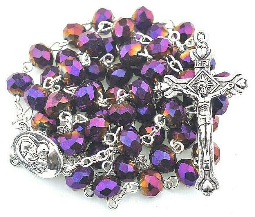 Deep Purple Crystal Beads Rosary Necklace Catholic Cross Crucifix Holy Soil