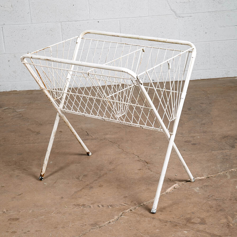 Mid Century Modern Laundry Basket Metal Caddy White Spindle Vintage Folding Mcm