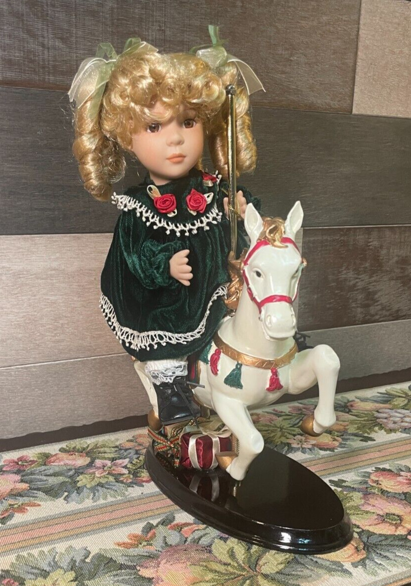Collector\'s Choice Genuine Fine Bisque Porcelain Doll Girl on Carousel Horse New