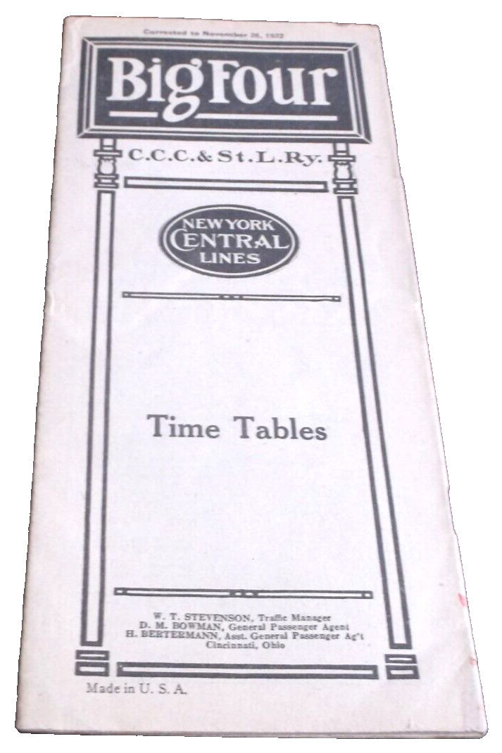 1922 CLEVELAND CINCINNATI CHICAGO & ST. LOUIS NYC BIG FOUR PUBLIC TIMETABLE