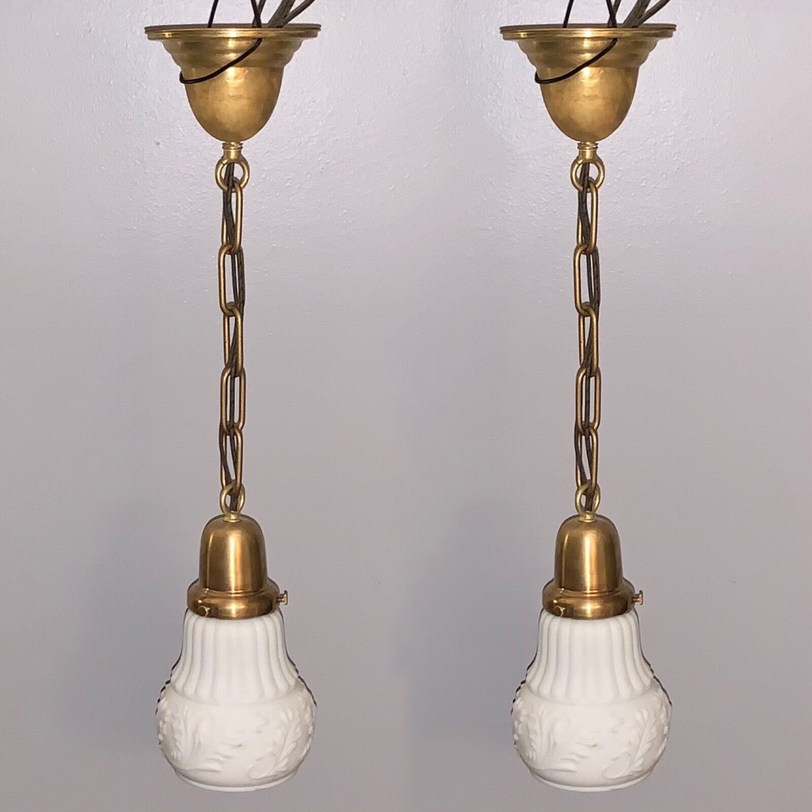 20” Long Vintage Pendant Lights Brass Wired Pair Milk White Globes 119A