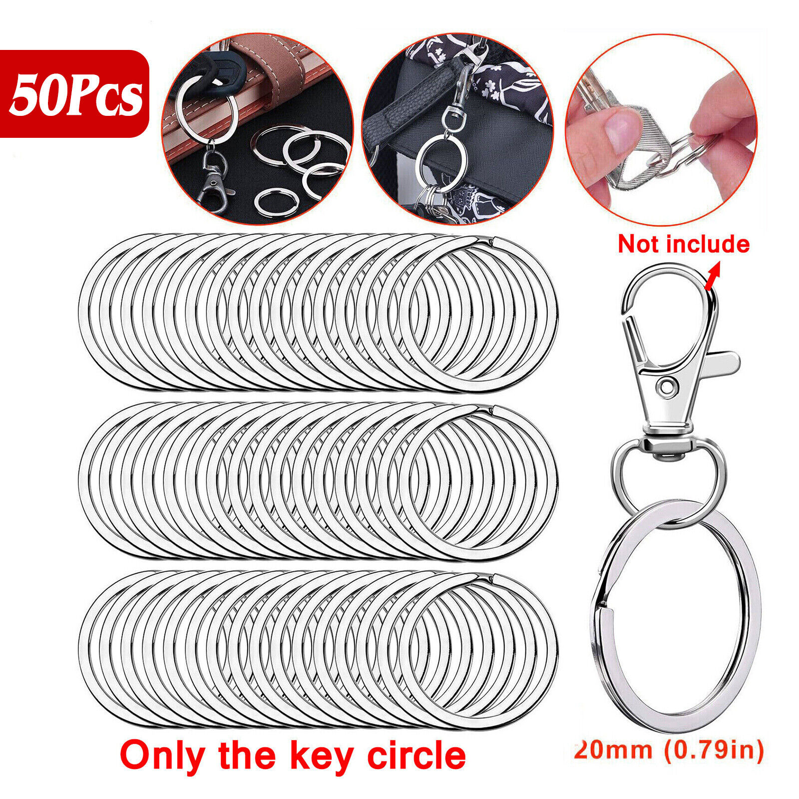 50pcs Round Key Ring 20/25/30mm Rustproof Split Ring Keychain Stainless Steel US