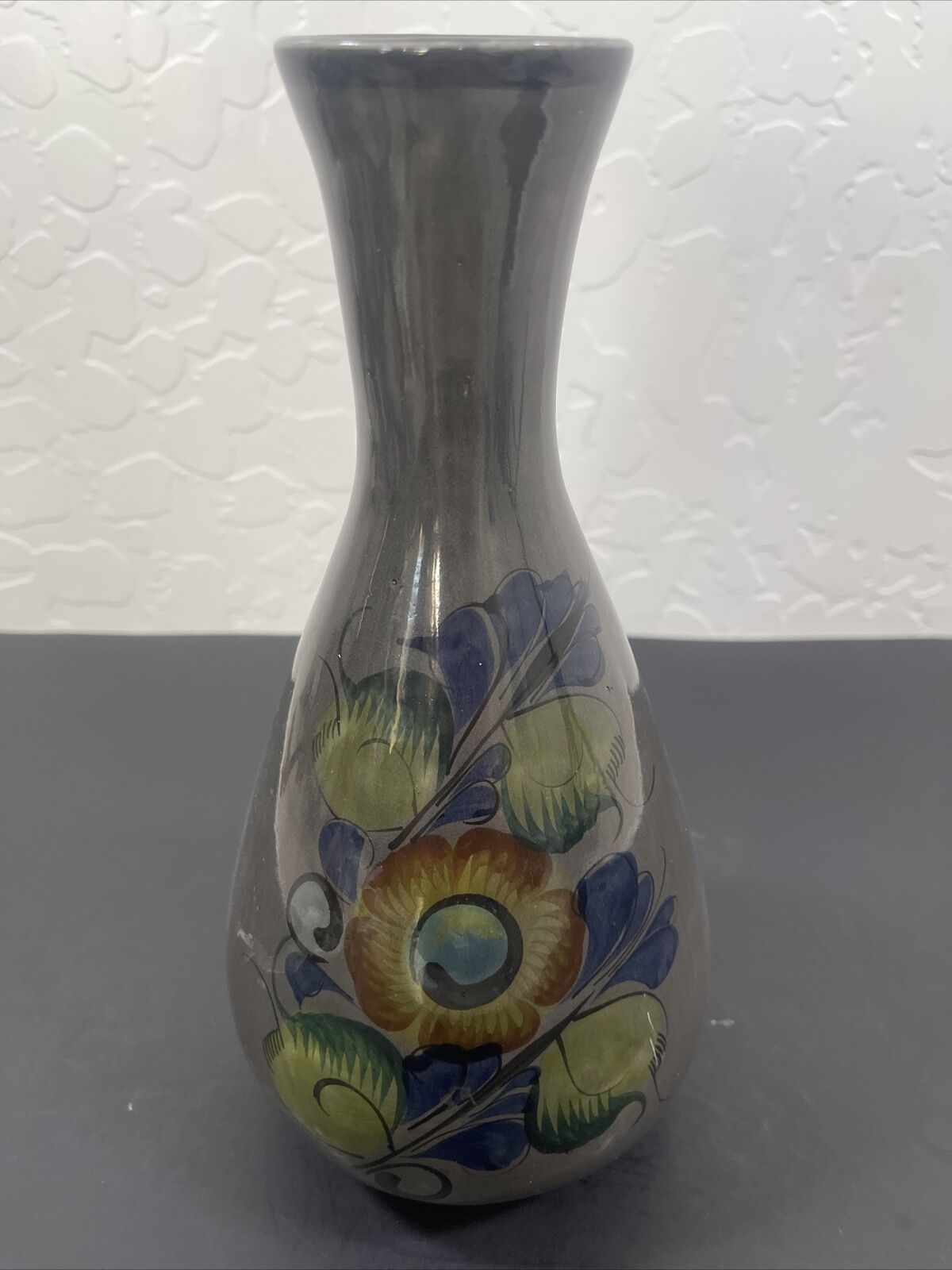 Vintage Made In Mexico Hand Painted Grey Floral Ceramic