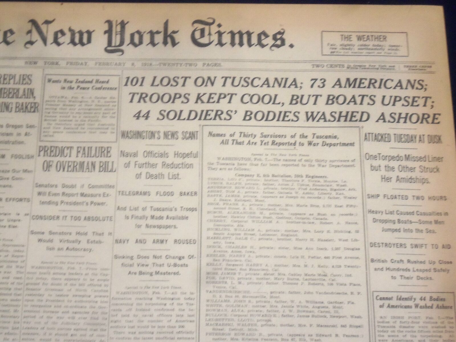 1918 FEBRUARY 8 NEW YORK TIMES - 101 LOST ON TUSCANIA, 73 AMERICANS - NT 8234