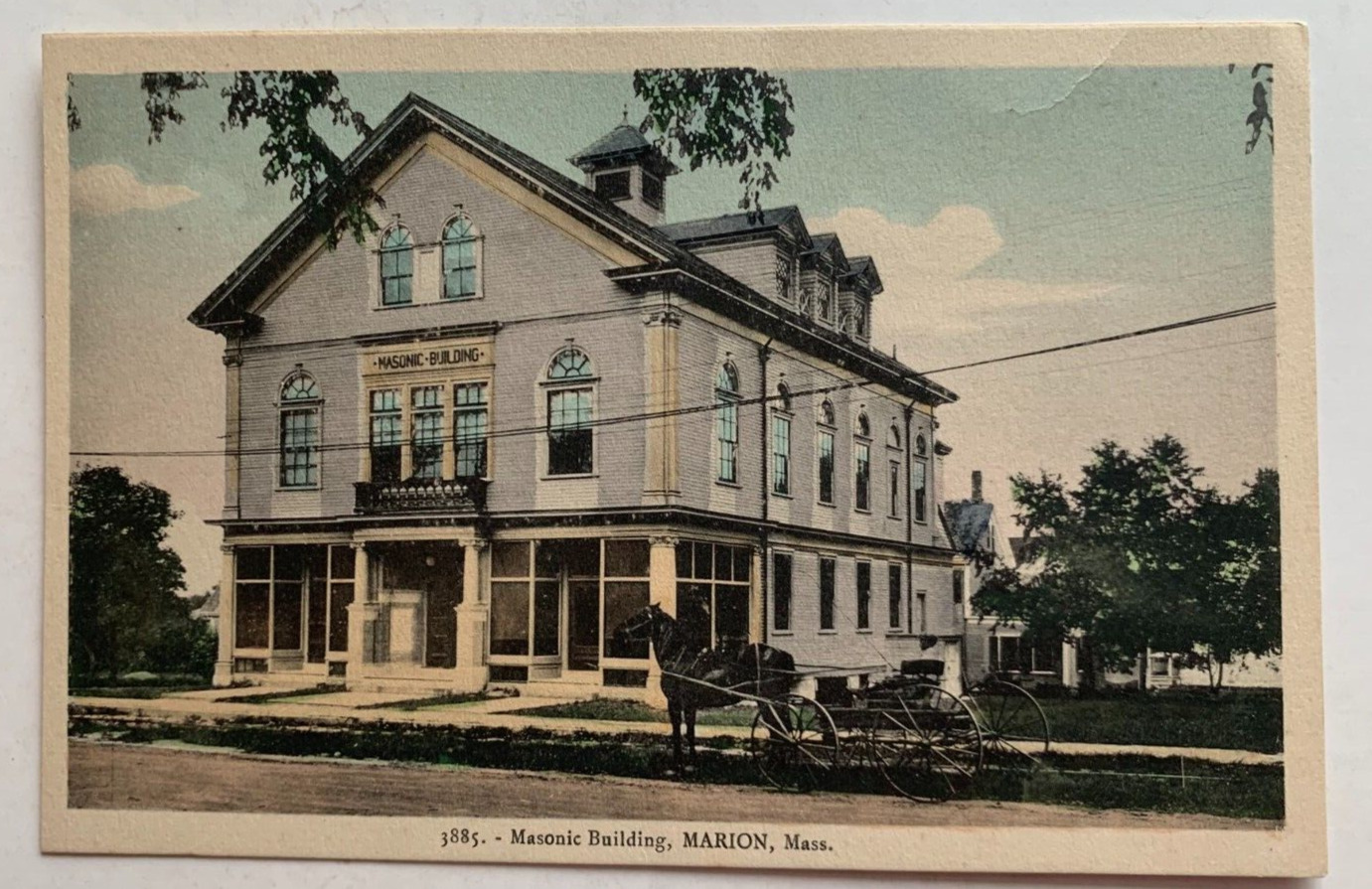 ca 1920s MA Postcard Marion Massachusetts Masonic Building street horse wagon