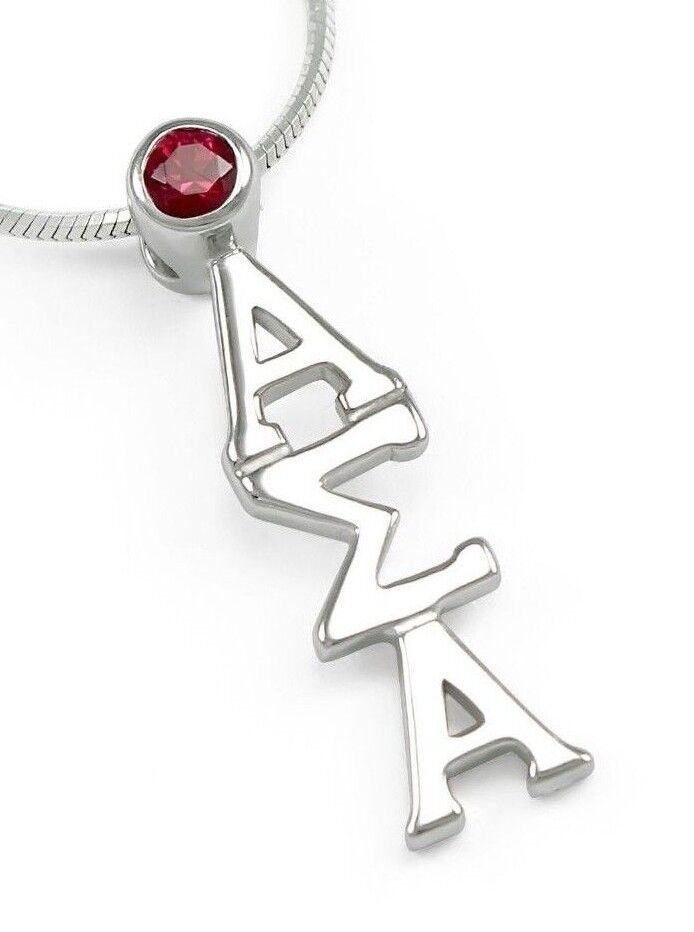 Alpha Sigma Alpha sterling silver lavaliere pendant w/ simulated red crystal