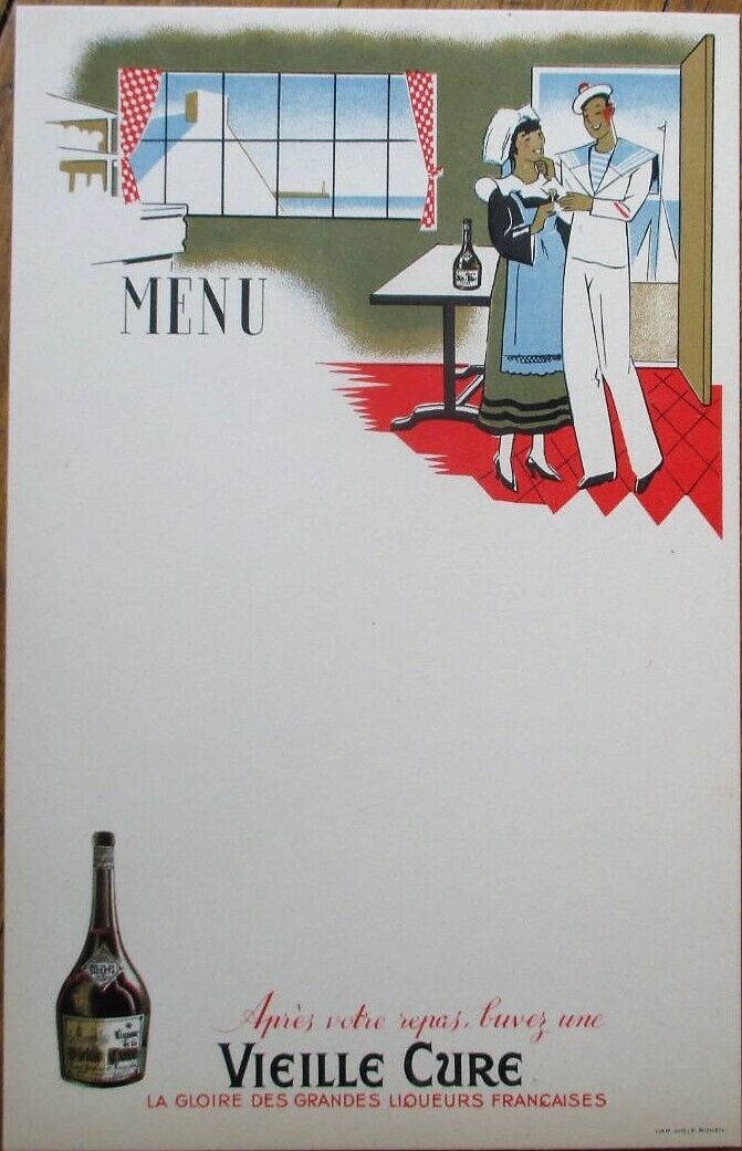 Liqueur Vielle Cure 1920s French Litho Advertising Menu: Sailor & Woman/Nautical