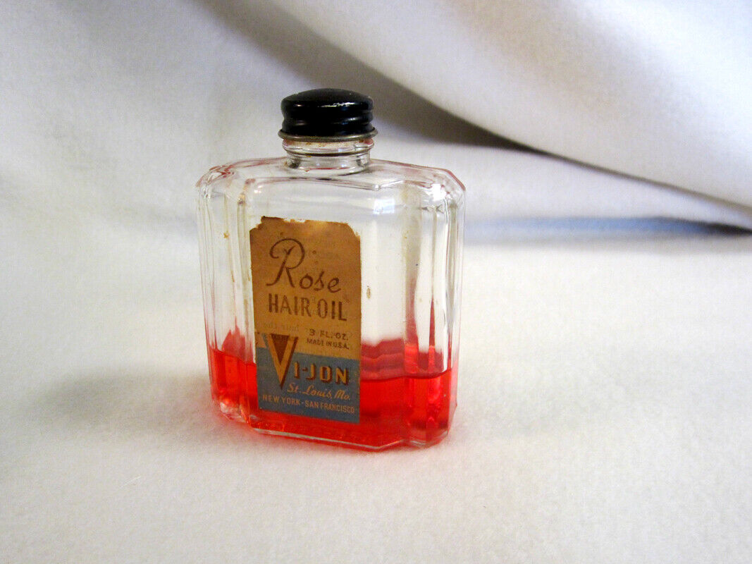 Vintage Midcentury bottle Vi-Jon Rose Hair Oil - some contents