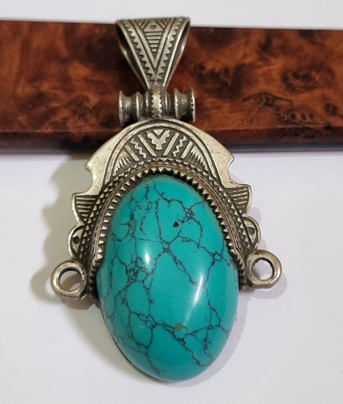 Vintage Victorian Sterling Silver Necklace Pendant  Engraved Turquoise Stone