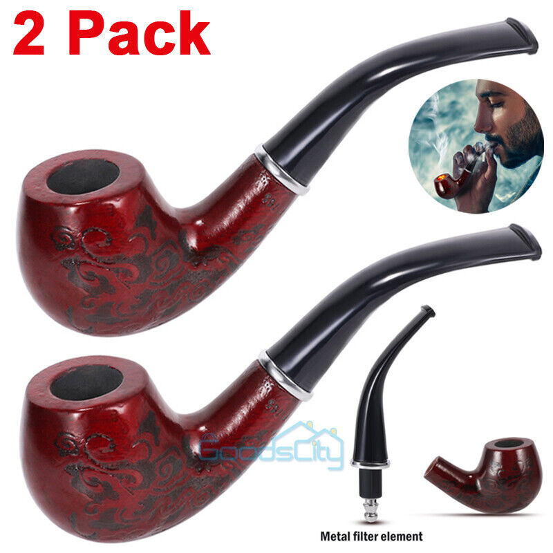 2 Durable Wooden Wood Smoking Pipe Tobacco Cigarettes Cigar Pipes Enchase Gift